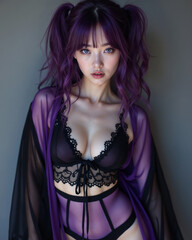 Seductive Anime Girl with Purple Hair in Sheer Lingerie