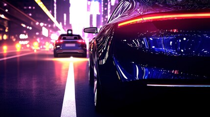 Fototapeta premium Autonomous Electric Car Night Drive Cityscape Lane Change