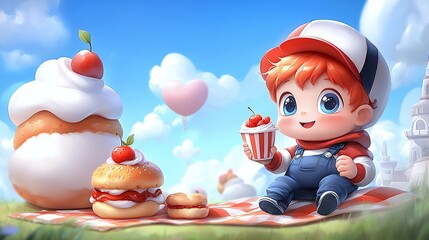 Fototapeta premium Cheerful Young Boy Enjoying a Picnic with Dessert Treats Under Blue Sky