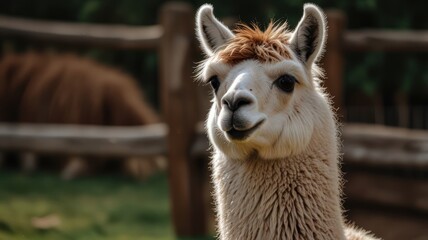 Obraz premium Close-up of a fluffy llama in a natural setting. The llama is light beige with brown highlights on its head and ears, and appears to be alert and curious. Out-
