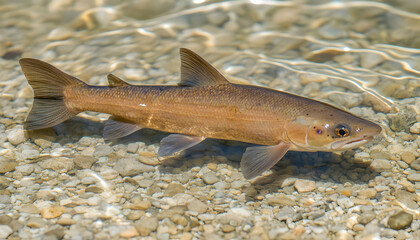 Fototapeta premium A brown trout swims in a shallow, clear stream bed over a rocky river bottom.