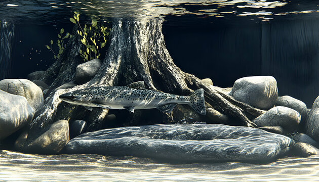 Underwater scene of a salmon swimming near a submerged tree trunk and rocks.  Ideal for nature documentaries, environmental reports, or aquarium-themed projects.