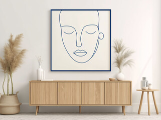 A simple line art portrait of an abstract face on a white wall above a modern wood cabinet