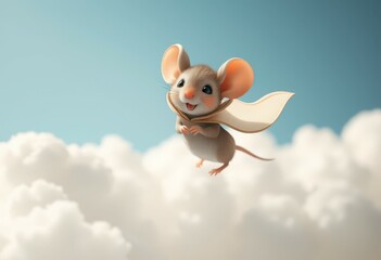Cute Mouse Flying with Cape Over Clouds in Blue Sky
