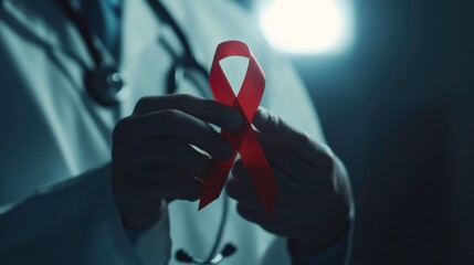 Doctor Holding Red Ribbon Symbolizing Awareness for Health Issues