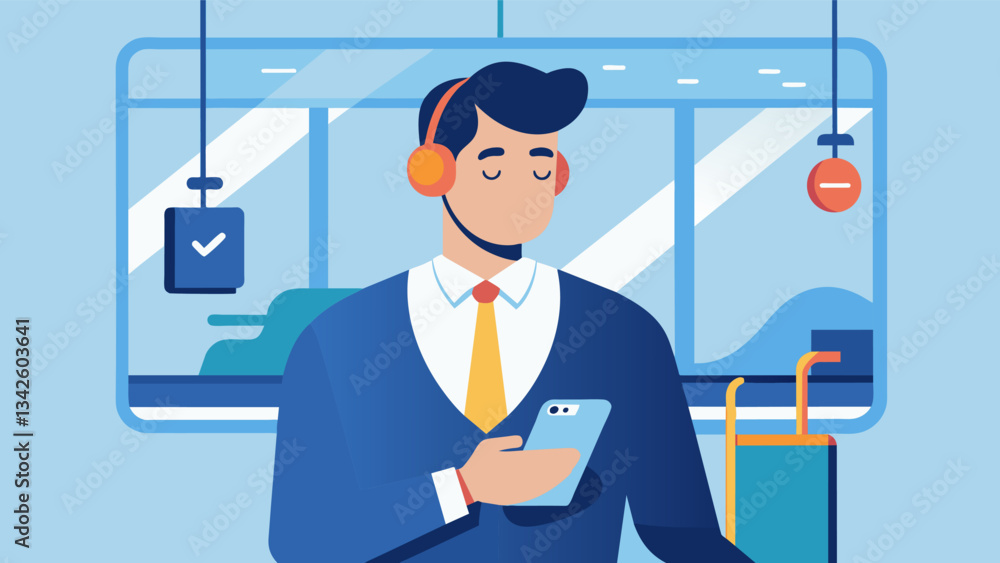 Poster a busy professional using a biofeedback app on their phone during their commute to work learning to 