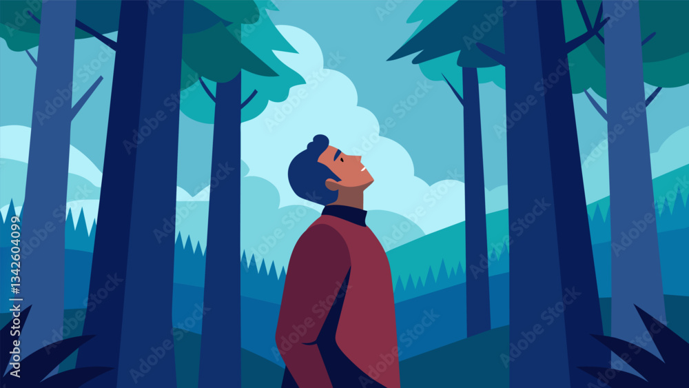 Poster a man gazing up in awe at the towering trees above him feeling a sense of smallness and humility in 