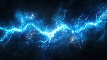 Intense blue lightning bolts striking across a dark background space