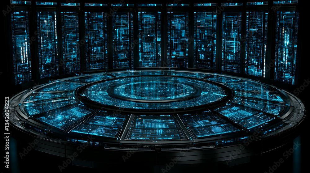 Poster futuristic control room with circular console and glowing digital displays. ideal for sci-fi, techno