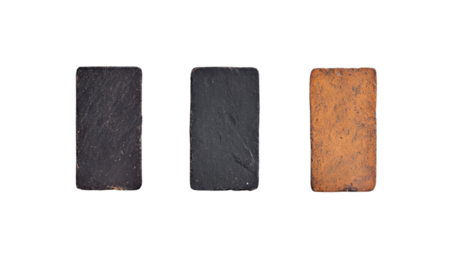 Three rectangular stones in varying shades of black and brown, showcasing a rough texture and natural color differences.