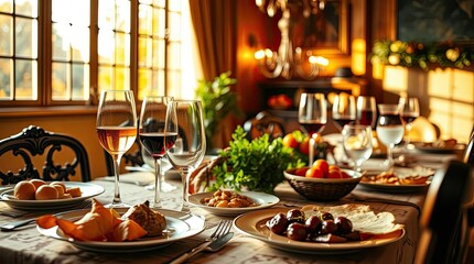 A beautifully arranged dining table features an array of gourmet dishes and fine wines illuminated by warm golden sunlight streaming through large windows
