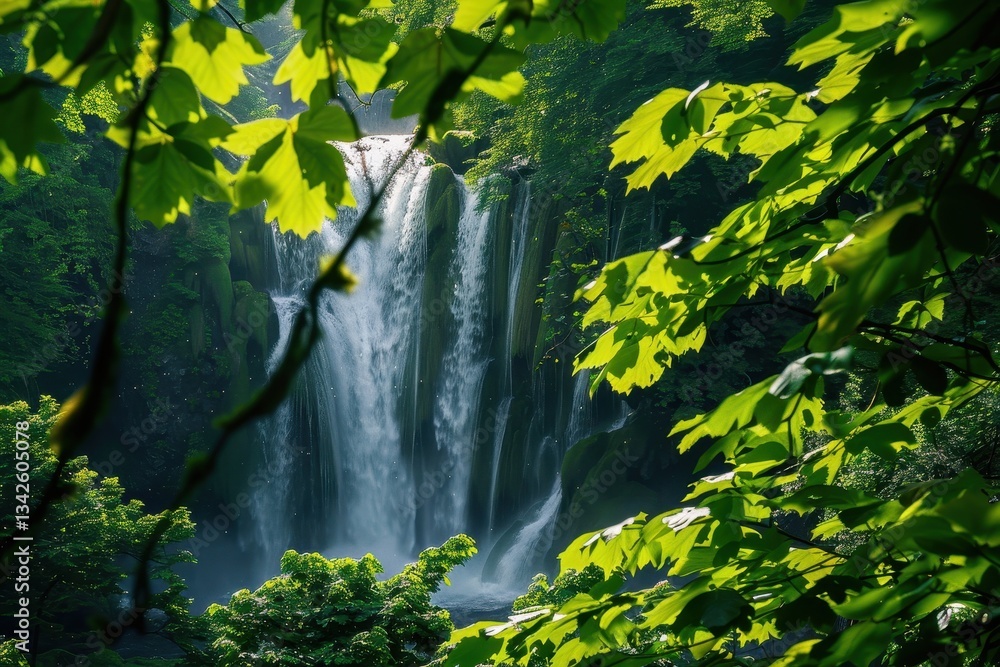 Aufkleber majestic waterfall cascading through lush green trees in a serene forest setting during the vibrant 