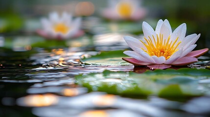 Water Lilies in Pond at Sunset