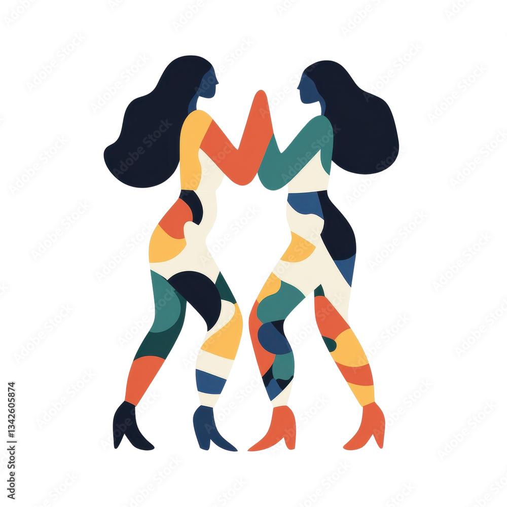 Poster two abstract figures embrace, showcasing a vibrant mix of colors and patterns, symbolizing unity and