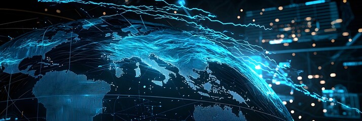 Swirling jet stream patterns flow across a luminous digital globe visualizing the interconnected global communication and transportation networks