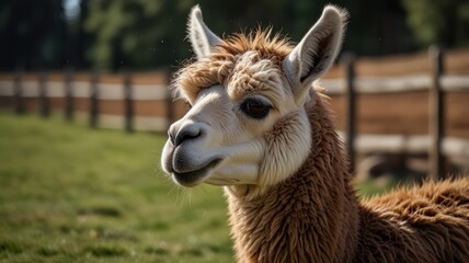 Close-up of a fluffy alpaca in a grassy field