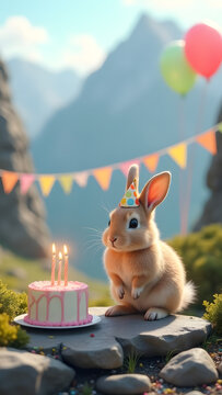 A charming viscacha in a pastel hat celebrates a birthday with a mountain cake, lit candles, and colorful decor in a serene highland setting.