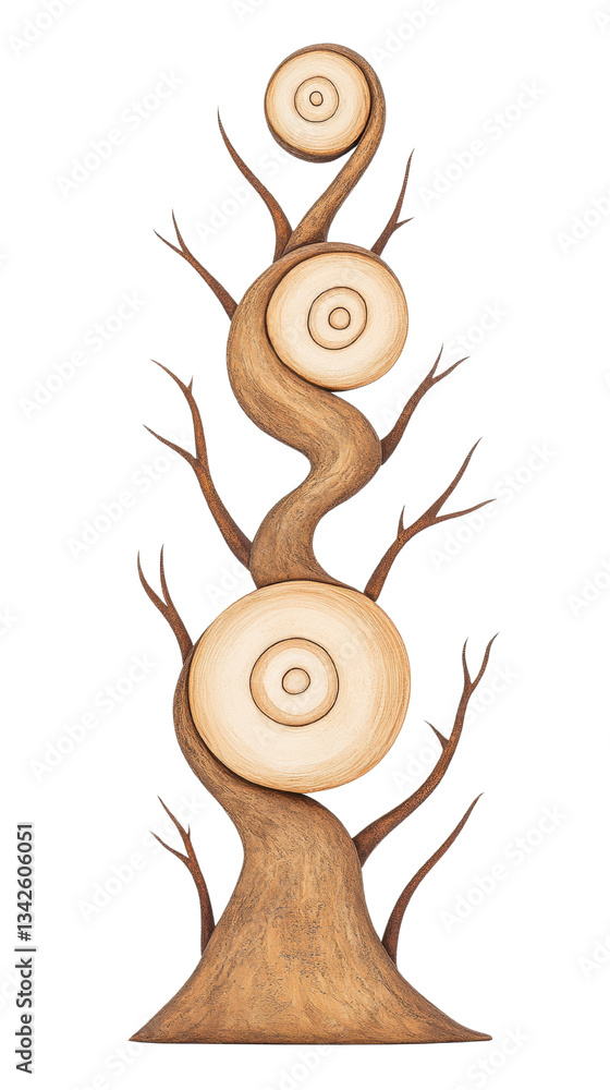 Poster a stylized tree design featuring three circular wooden slices and a twisting trunk with branches.