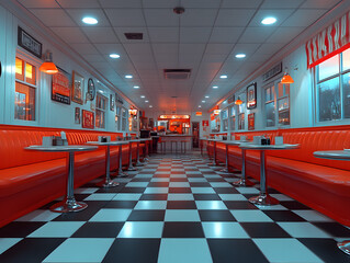 Interior of a retro-style diner with black checkered floor, capturing vintage vibes.