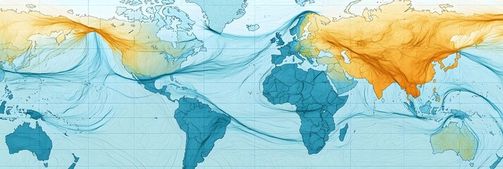 This image depicts a visualization of worldwide weather patterns showcasing the dynamic movement of jet streams and the distribution of heat across the planet s surface