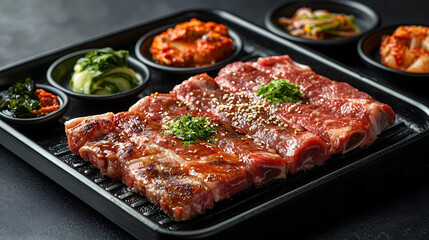 Contemporary Setup of Galbi Steak Portion with Accompaniments on a Black Plate in a Modern Restaurant