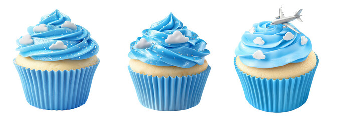 Air Travel-Themed Cupcakes with Blue Frosting, Clouds, and Airplane Topper on Transparent Background