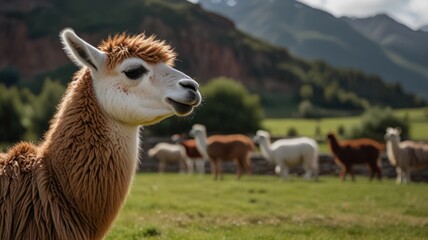 Obraz premium A llama in a grassy field with mountains in the background