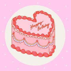 Colorful heart-shaped birthday cake, hand drawn vector illustration. Isolated design elements. Retro style. Design perfect for greeting cards, invitations, digital art, and decorations.