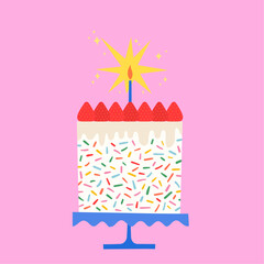 Colorful celebration cake with candles, frosting, cream, sparkles, and sprinkles. Isolated design elements on pink background. Design perfect for greeting cards, invitations, and digital art.