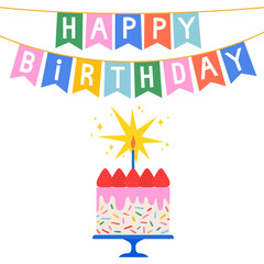 Colorful birthday cake with candles, frosting, cream,  sprinkles, and a Happy Birthday banner. Isolated design. Design perfect for greeting cards, invitations, digital art, and decorations.