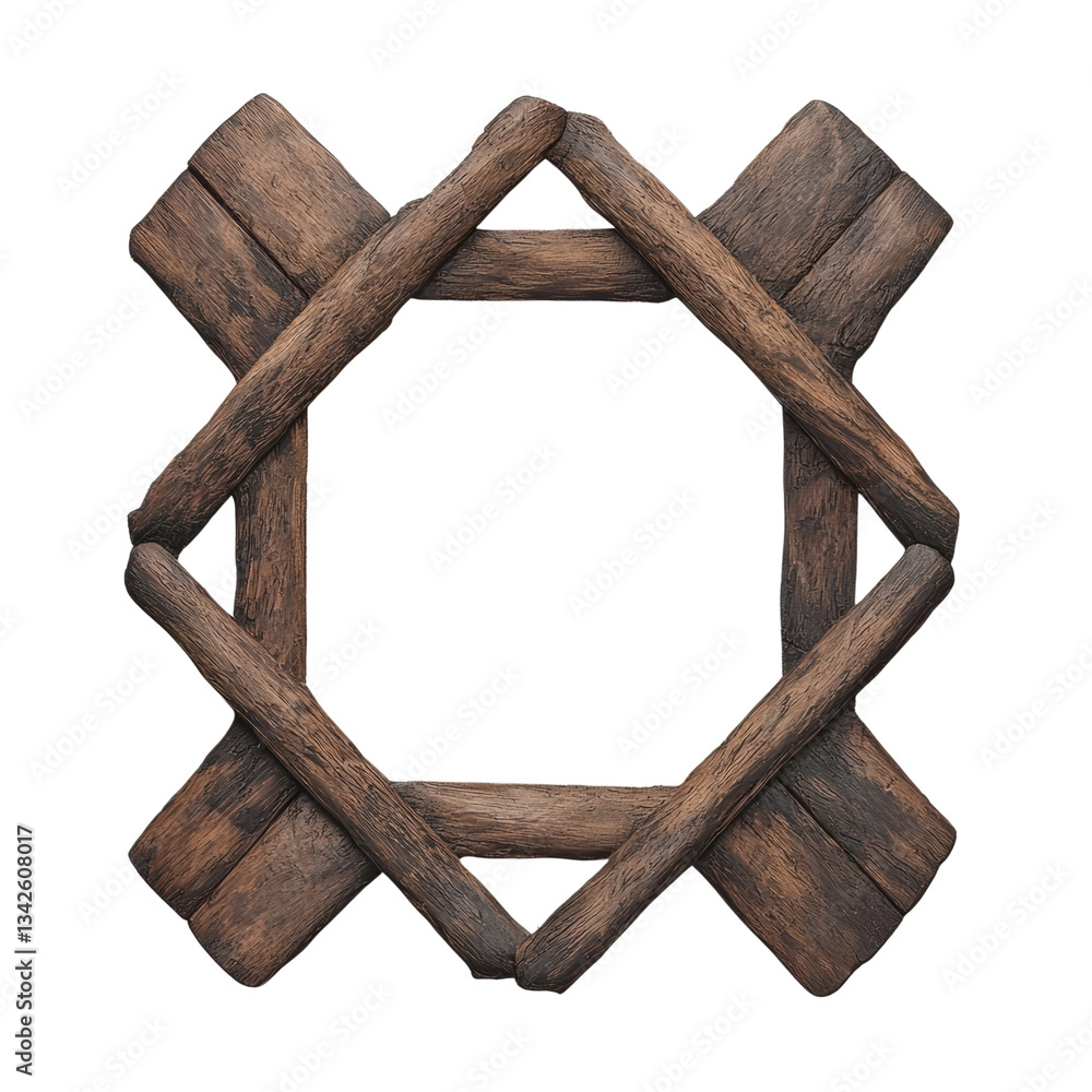 Poster a rustic wooden frame shaped like a star, featuring cross-shaped elements that create a unique geome