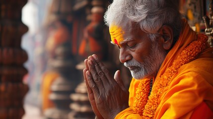 A holy man, clad in saffron robes, his face etched with reverence, knelt in prayer before a vibrant shrine adorned with intricate carvings, his eyes closed in deep meditation.