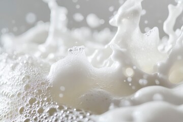 Milk Splash: Dynamic white liquid texture with foaming surface, drops, and a blurred background for natural food concept