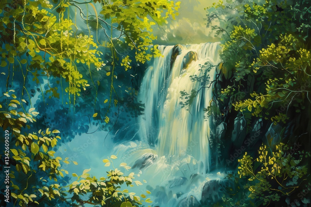 Aufkleber majestic waterfall cascading through lush green trees in a serene forest setting during the vibrant 