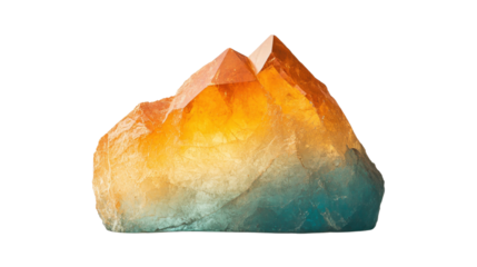 A vibrant, multicolored crystal featuring shades of orange, yellow, and blue, shaped like a small mountain.