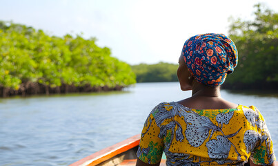 A middle-aged woman with dark skin sits in a small boat, looking out over a calm river. Generative AI