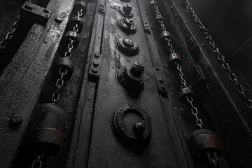 Intricate Machinery of Pulleys and Levers Showcases Engineering Precision in a Dimly Lit Workshop, Highlighting Craftsmanship and Mechanics