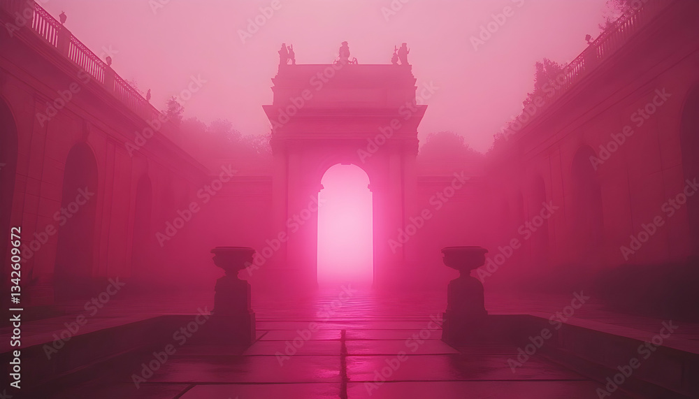 Poster mysterious pink fog shrouds an ancient stone archway, creating an ethereal and dreamlike atmosphere.