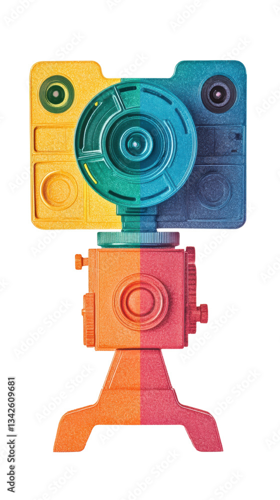 Aufkleber a vibrant, stylized camera with a unique design and colorful gradient, emphasizing its lens and feat