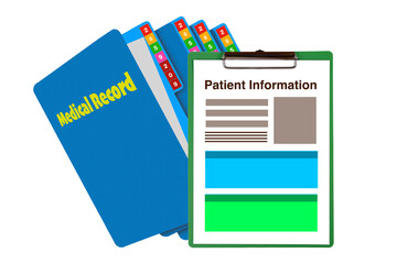 Patient information on clipboard and medical records in folder.