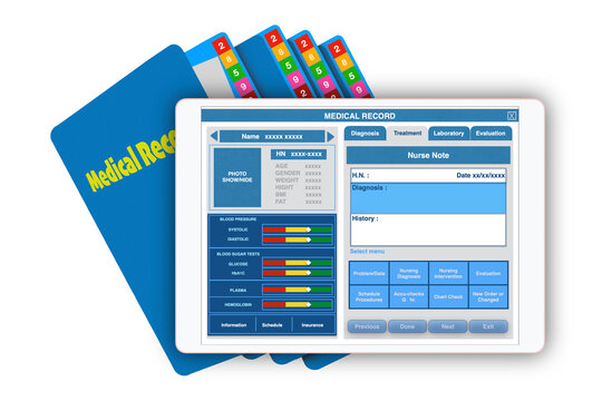 Technology of electronic medical record with manual medical records in folder.