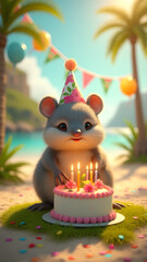 Fototapeta premium An adorable hutia in a floral hat celebrates a birthday with a tropical cake, lit candles, and colorful decor in a sunny island setting.