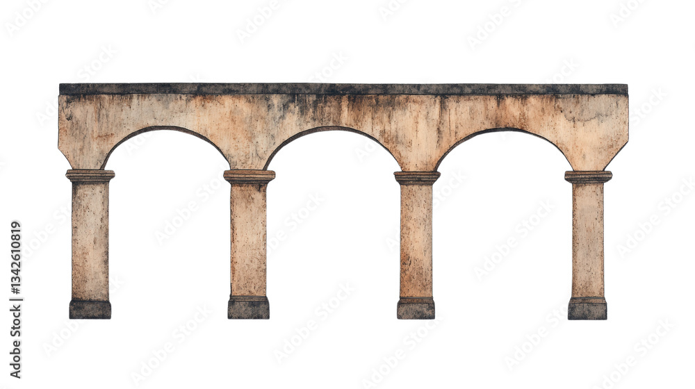 Poster a weathered stone archway featuring three distinct arches supported by sturdy columns.