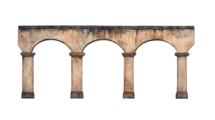 A weathered stone archway featuring three distinct arches supported by sturdy columns.