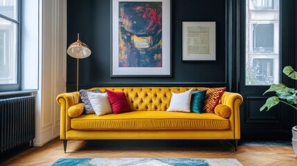 Stylish mustard yellow sofa in a modern apartment. Dark walls, art, and accent pillows create a sophisticated living space