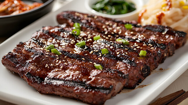 Grilled Galbi Steak with Green Onions and Side Dishes on a White Plate