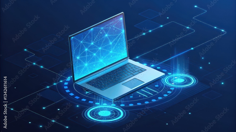 Aufkleber digital connectivity: a sleek laptop sits at the center of an intricate network of glowing lines and