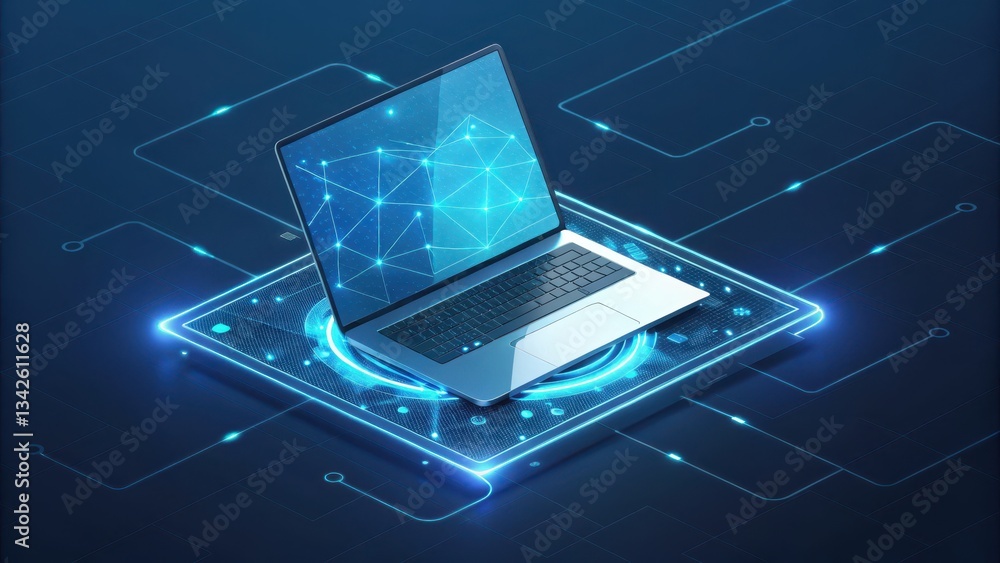 Poster modern tech fusion: a sleek laptop, symbolizing the digital age, sits atop a glowing circuit board, 