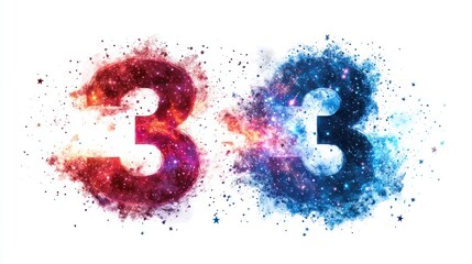 Cosmic number 3s explode on white background