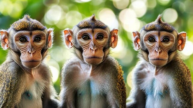 Three monkeys sitting together in a lush forest during daylight hours showcasing their unique expressions and curious nature
